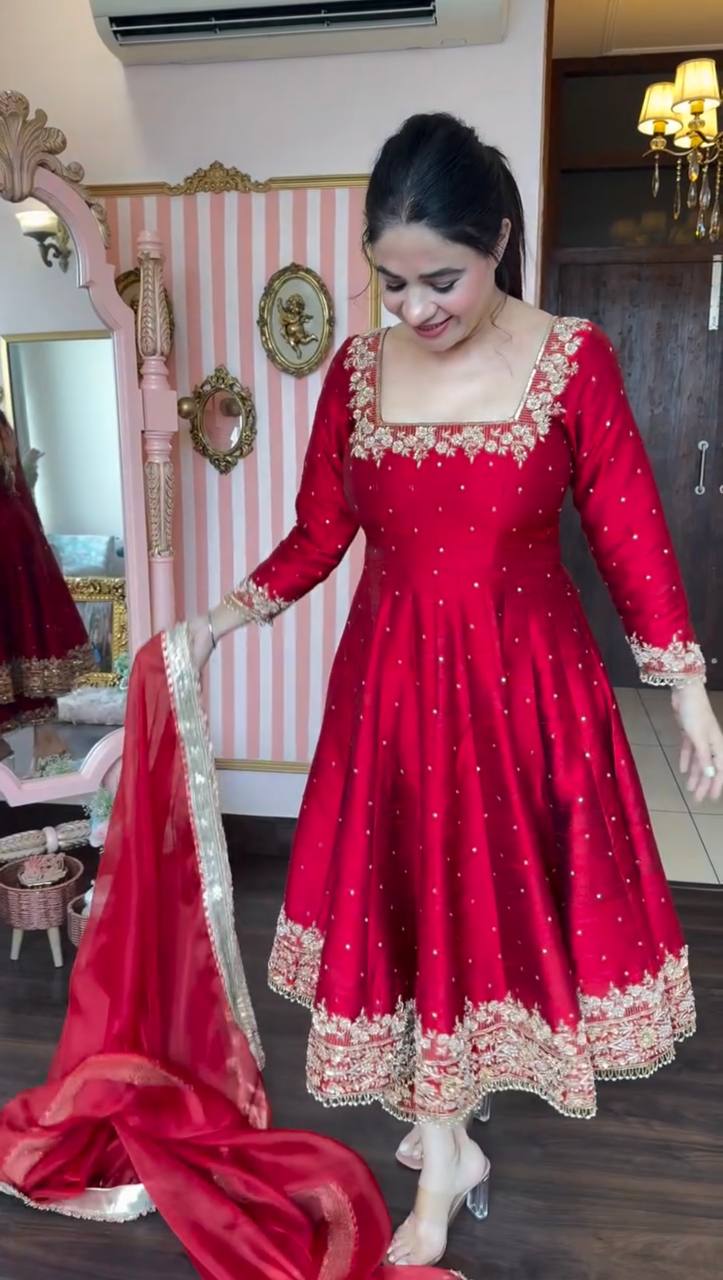 Intricate Embroidery Vichitra Silk Anarkali Suit