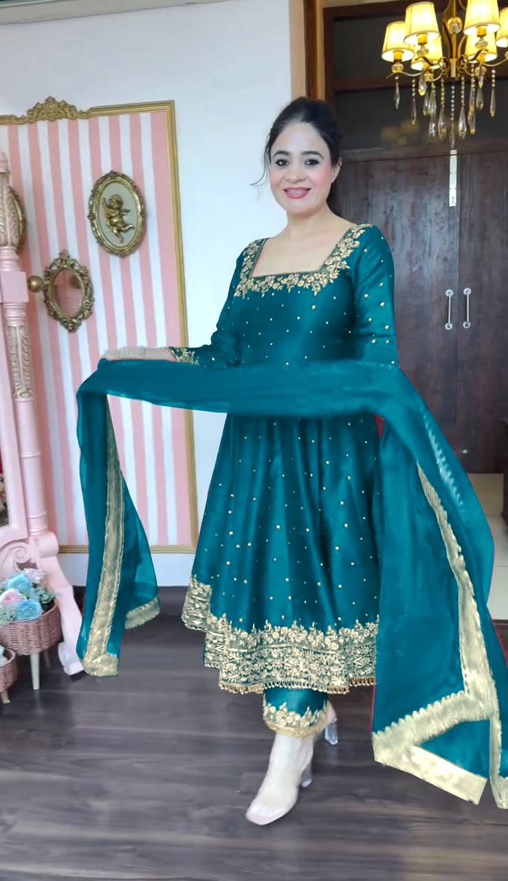 Intricate Embroidery Vichitra Silk Anarkali Suit