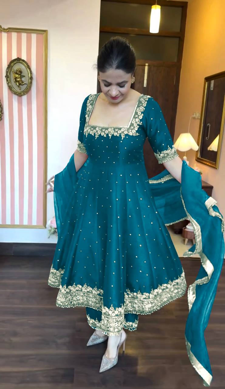 Intricate Embroidery Vichitra Silk Anarkali Suit