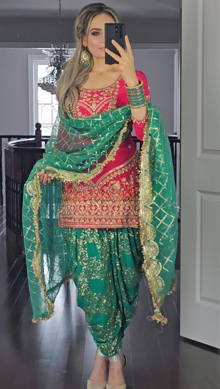 Elegant Pink and Green Traditional Punjabi Outfit