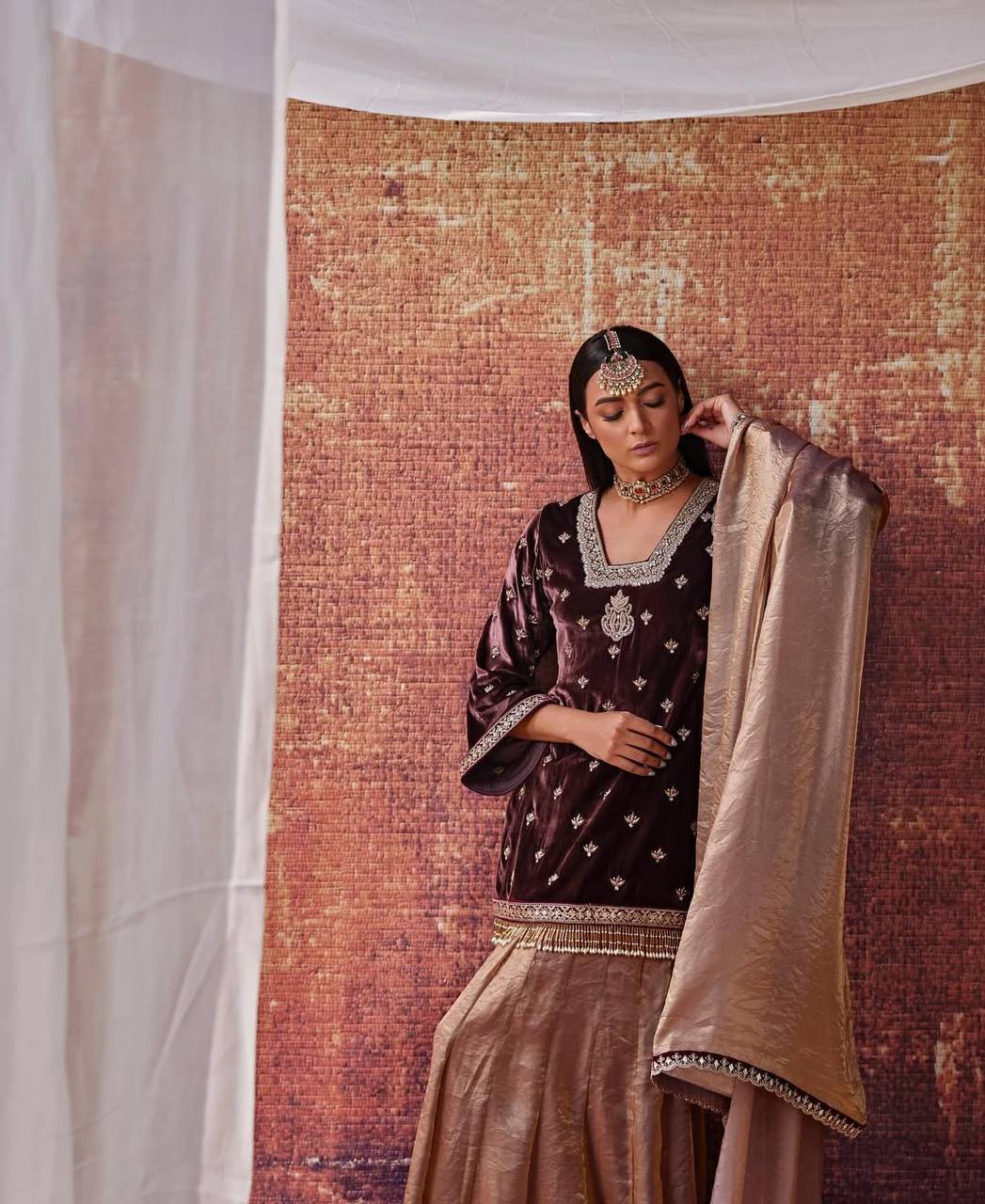 Elegance Redefined: Brown and Gold Embroidered Suit