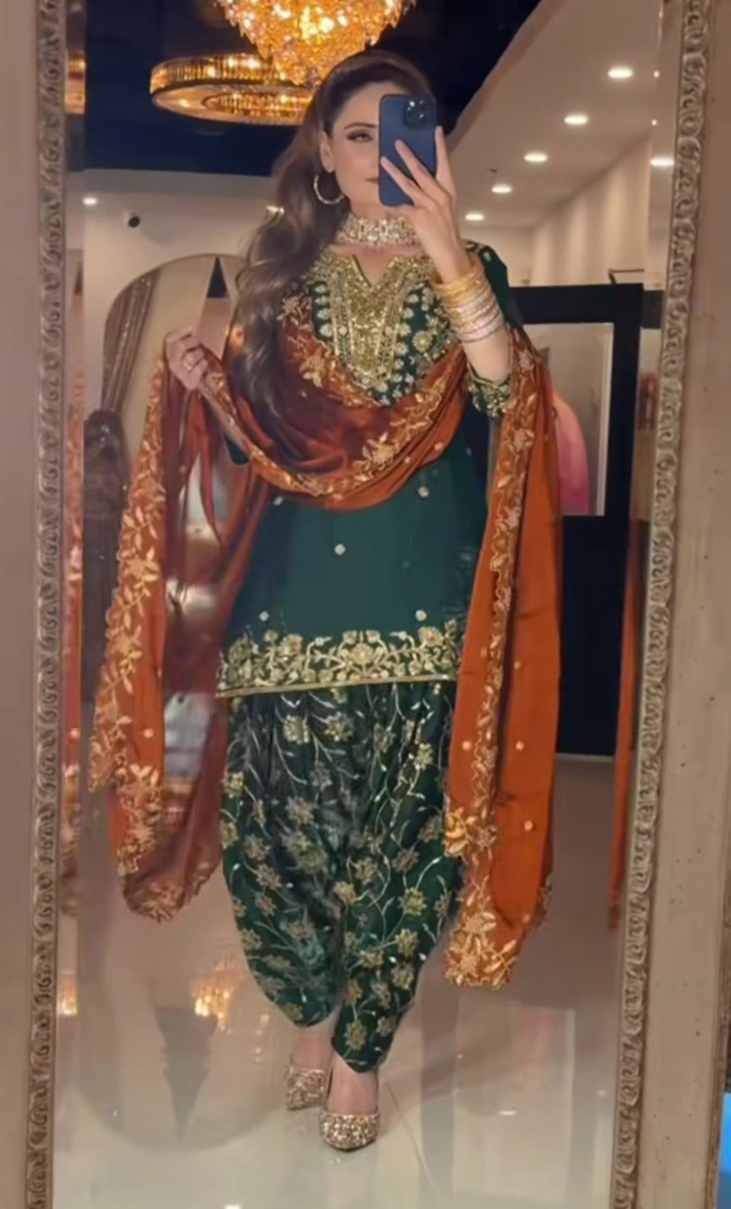 Elegant Green Patiala Suit with Golden Embroidery