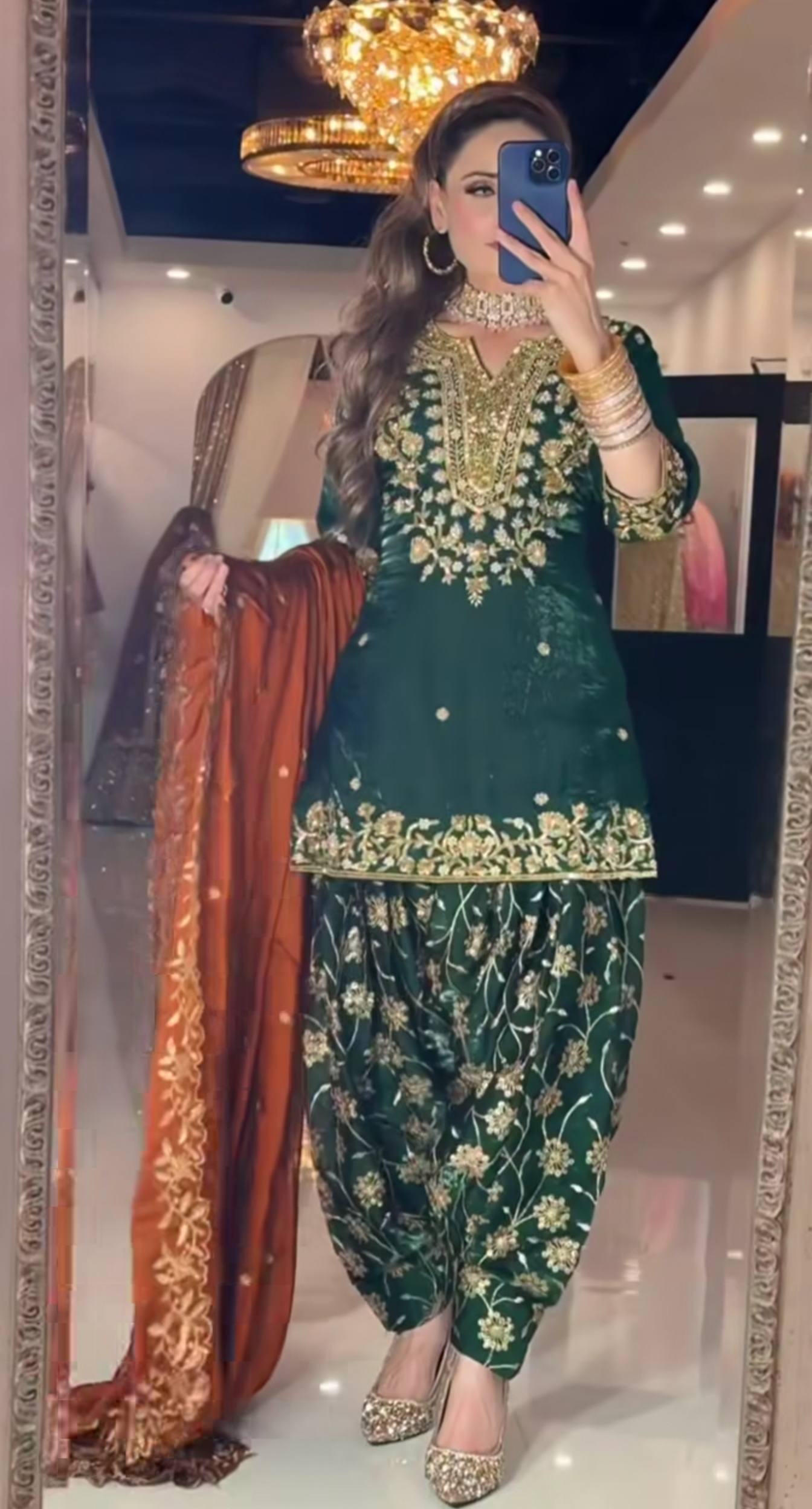 Elegant Green Patiala Suit with Golden Embroidery