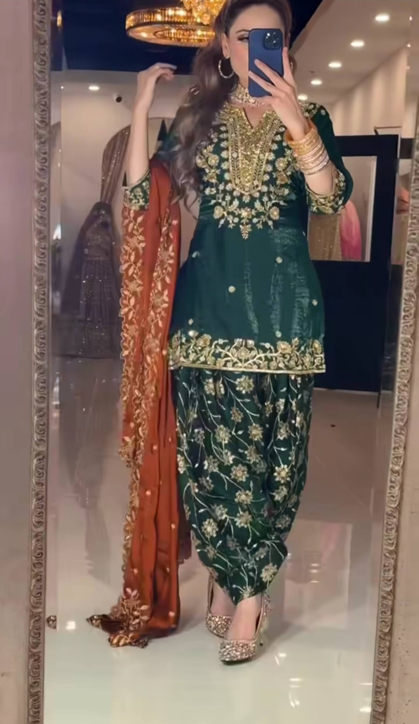 Elegant Green Patiala Suit with Golden Embroidery
