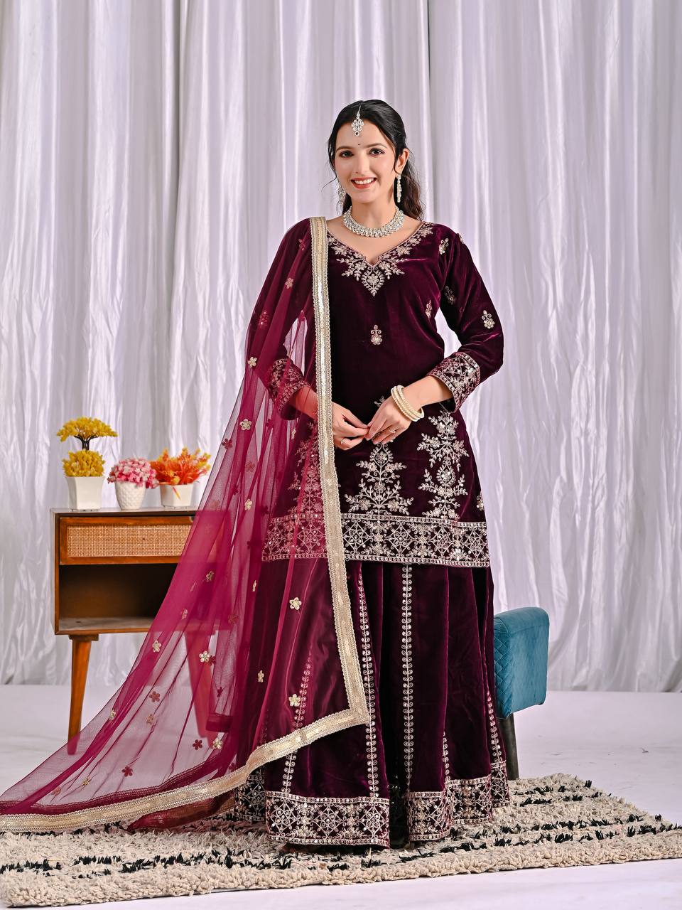 Luxury Maroon Velvet Sharara Set with Exquisite Embroidery