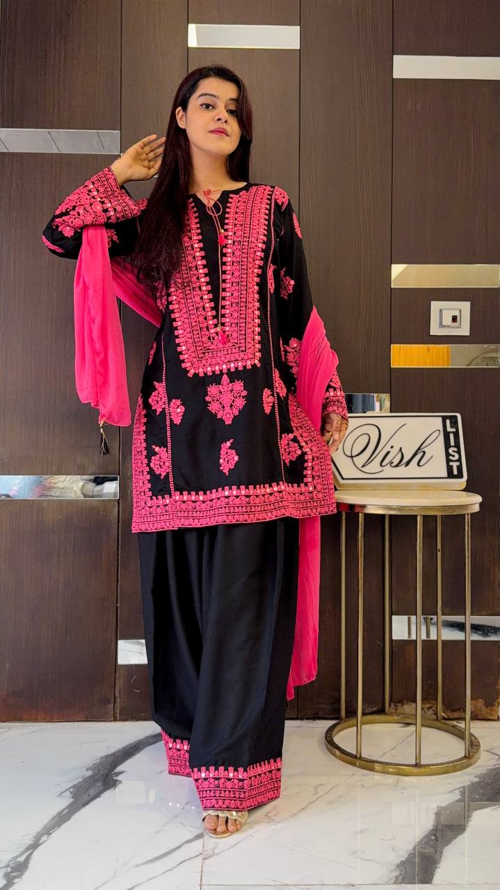 Black Kashmiri Embroidered Suit With Pink Detailing