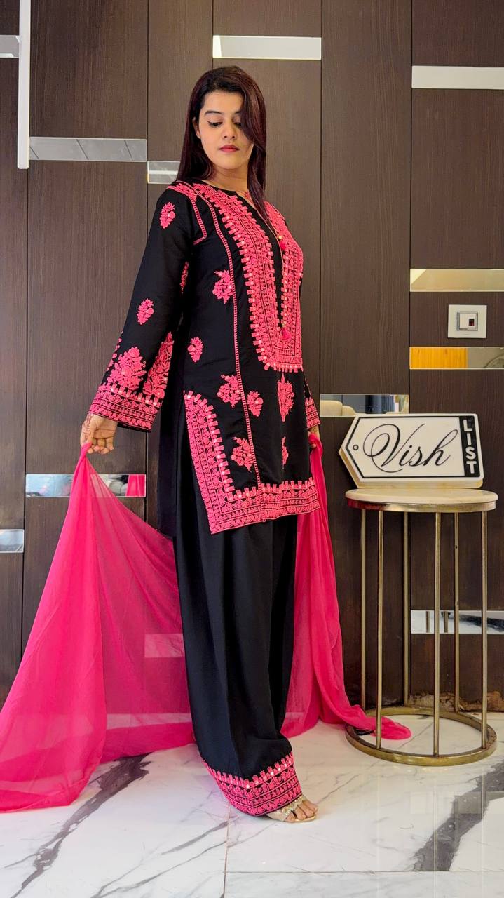 Black Kashmiri Embroidered Suit With Pink Detailing