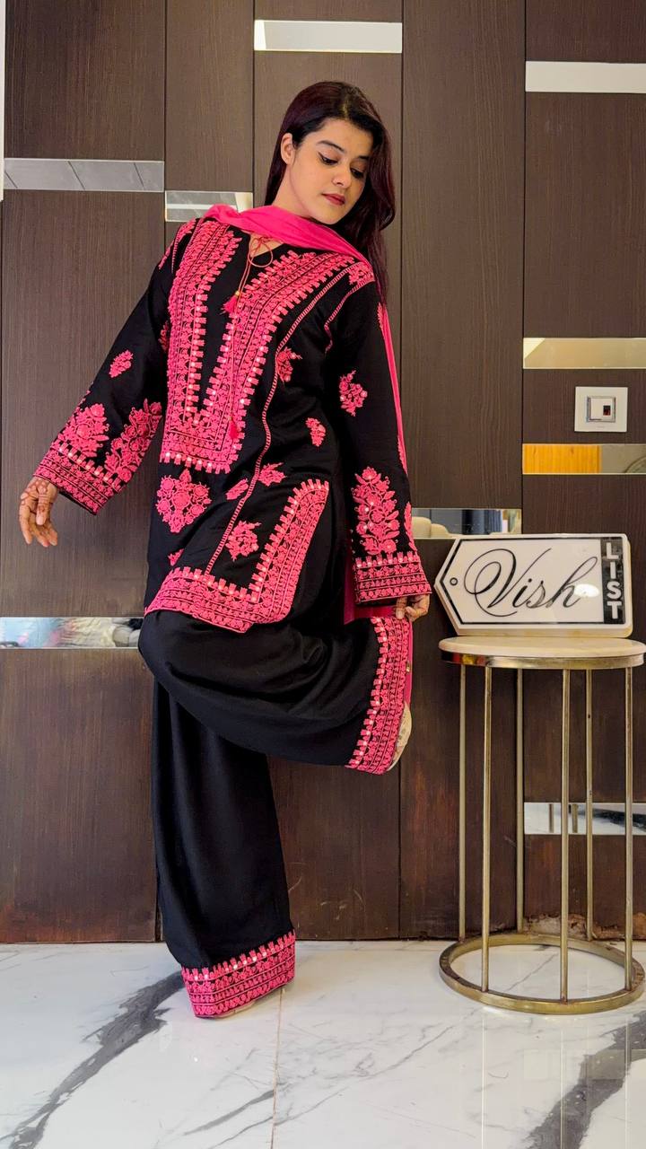 Black Kashmiri Embroidered Suit With Pink Detailing