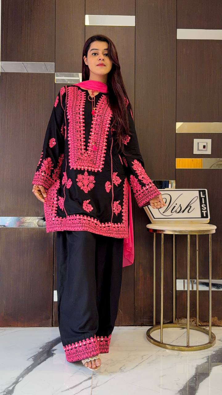 Black Kashmiri Embroidered Suit With Pink Detailing