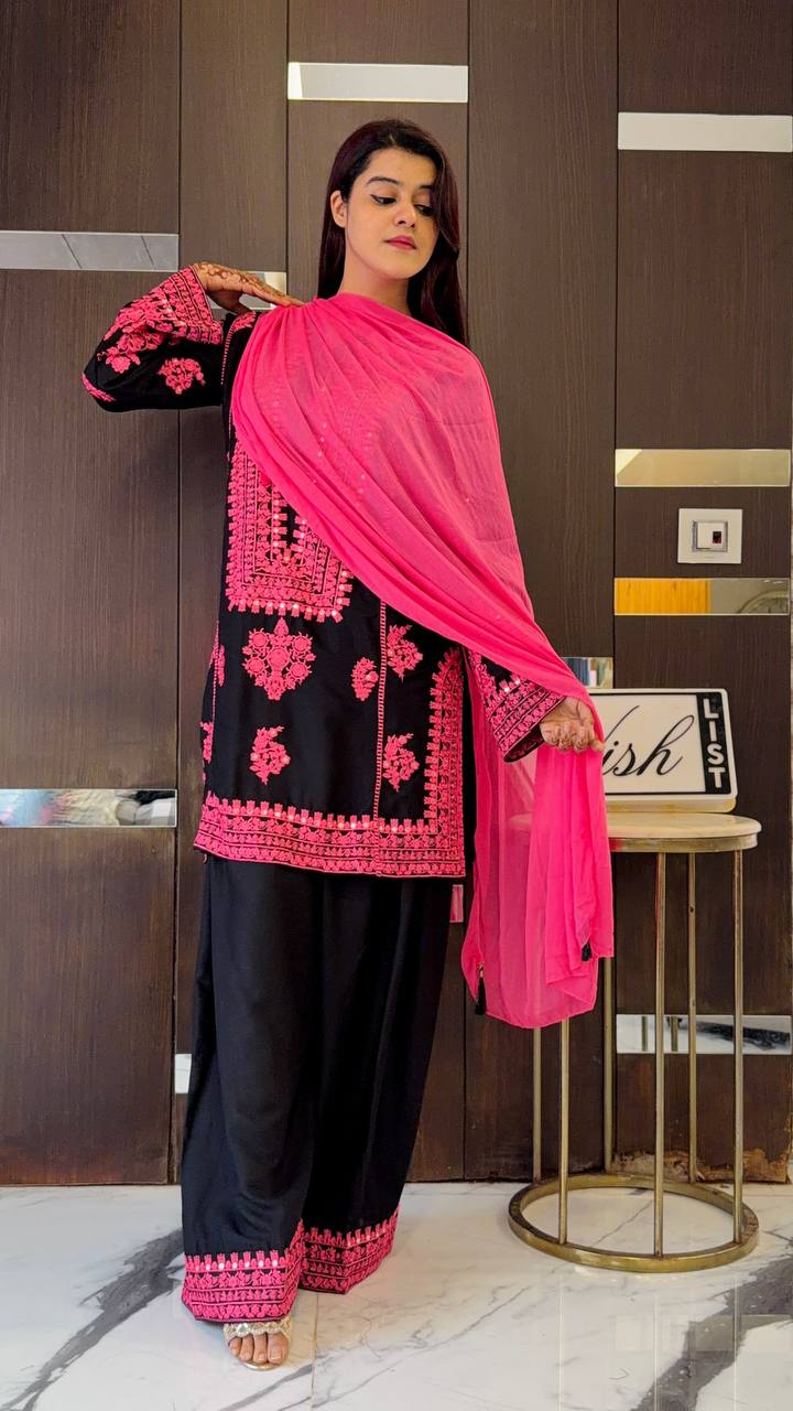 Black Kashmiri Embroidered Suit With Pink Detailing