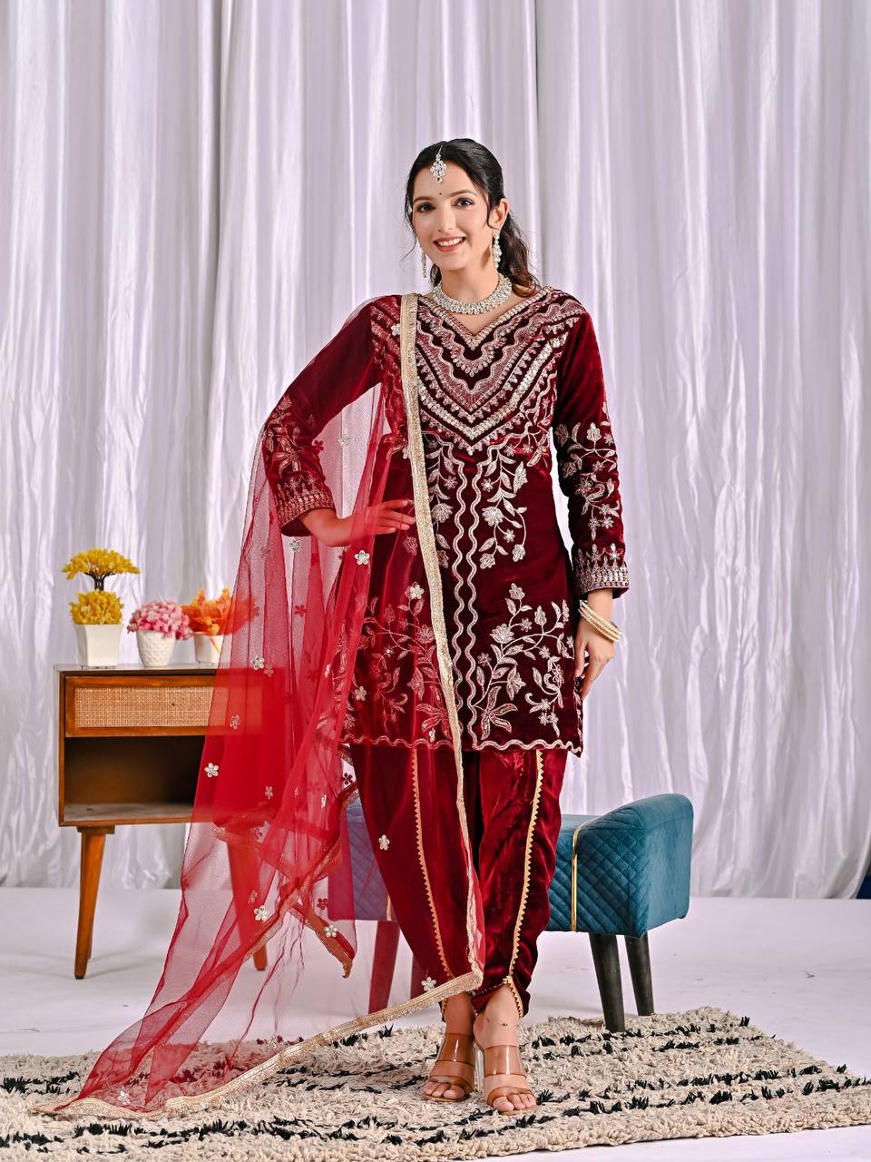 Premium Velvet Suit Set With Golden Threadwork