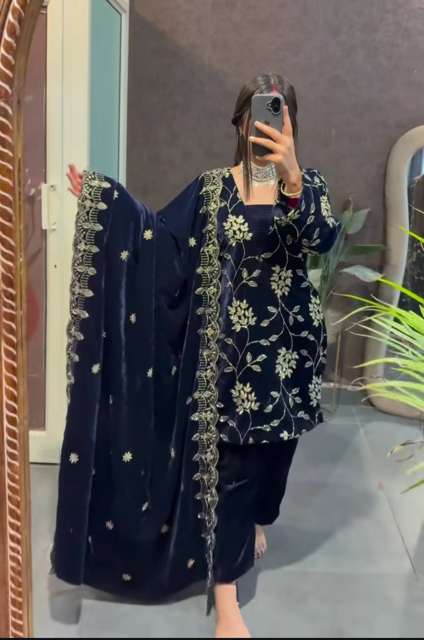 Designer Navy Velvet Suit For Festive Occasions