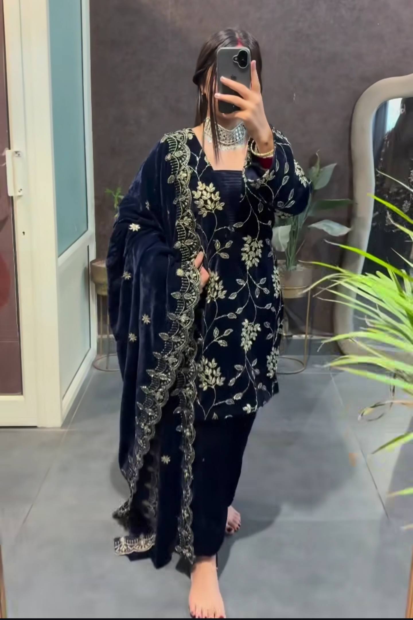 Designer Navy Velvet Suit For Festive Occasions