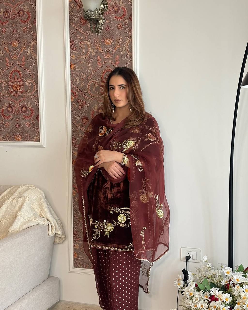 Luxury Maroon Velvet Embroidery Ensemble