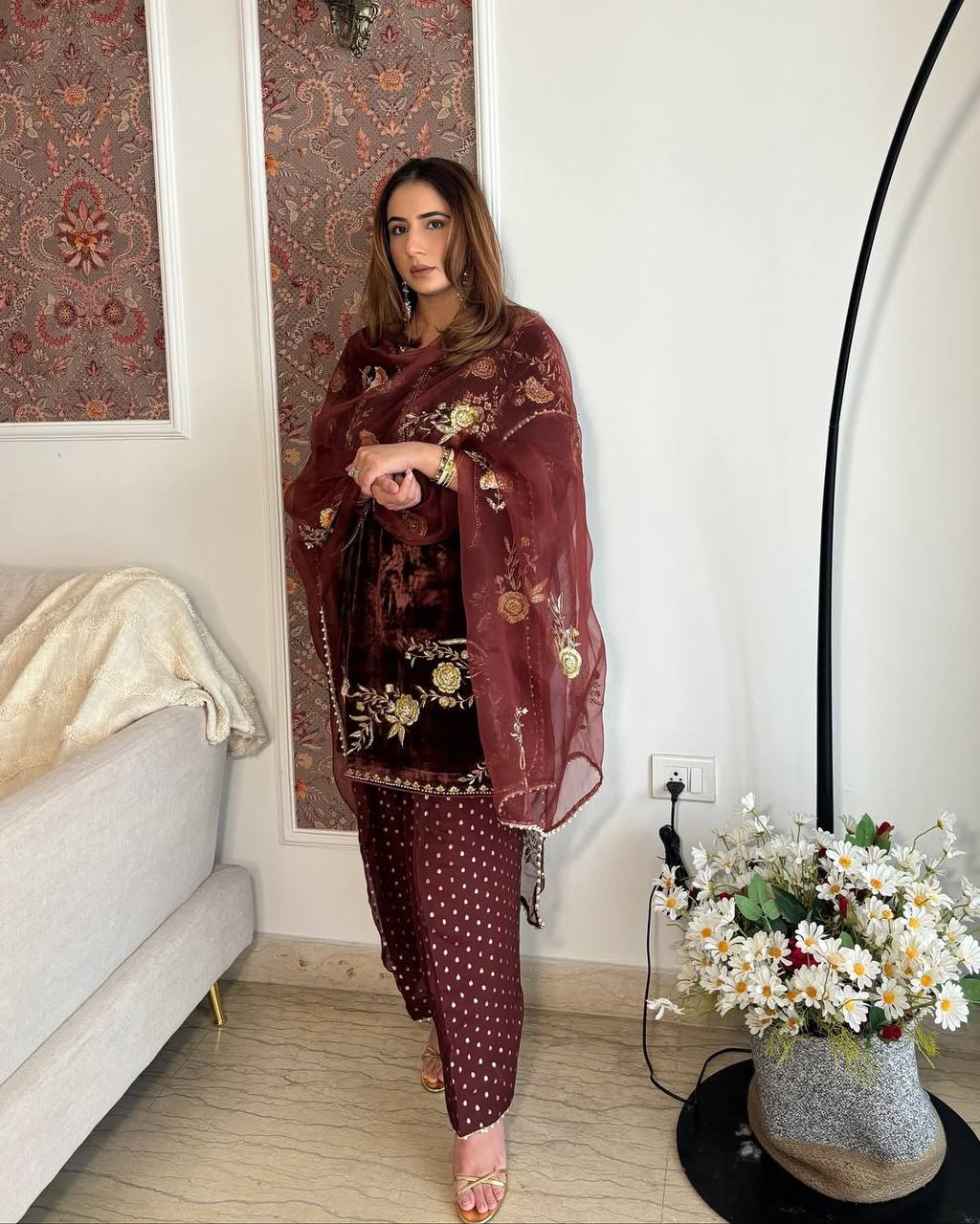 Luxury Maroon Velvet Embroidery Ensemble