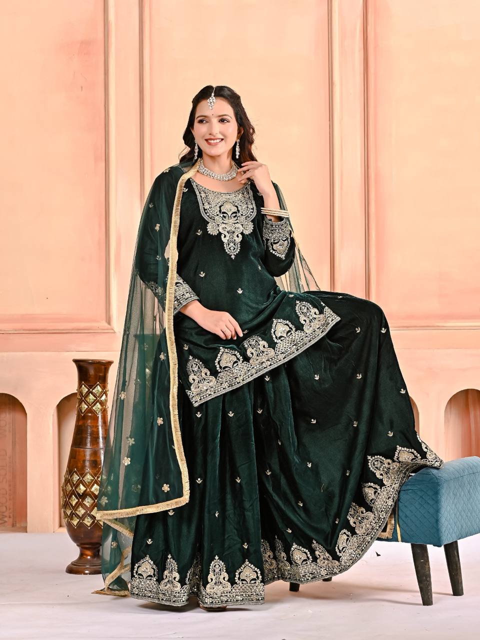 Velvet Green Sharara Set With Heavy Embroidery