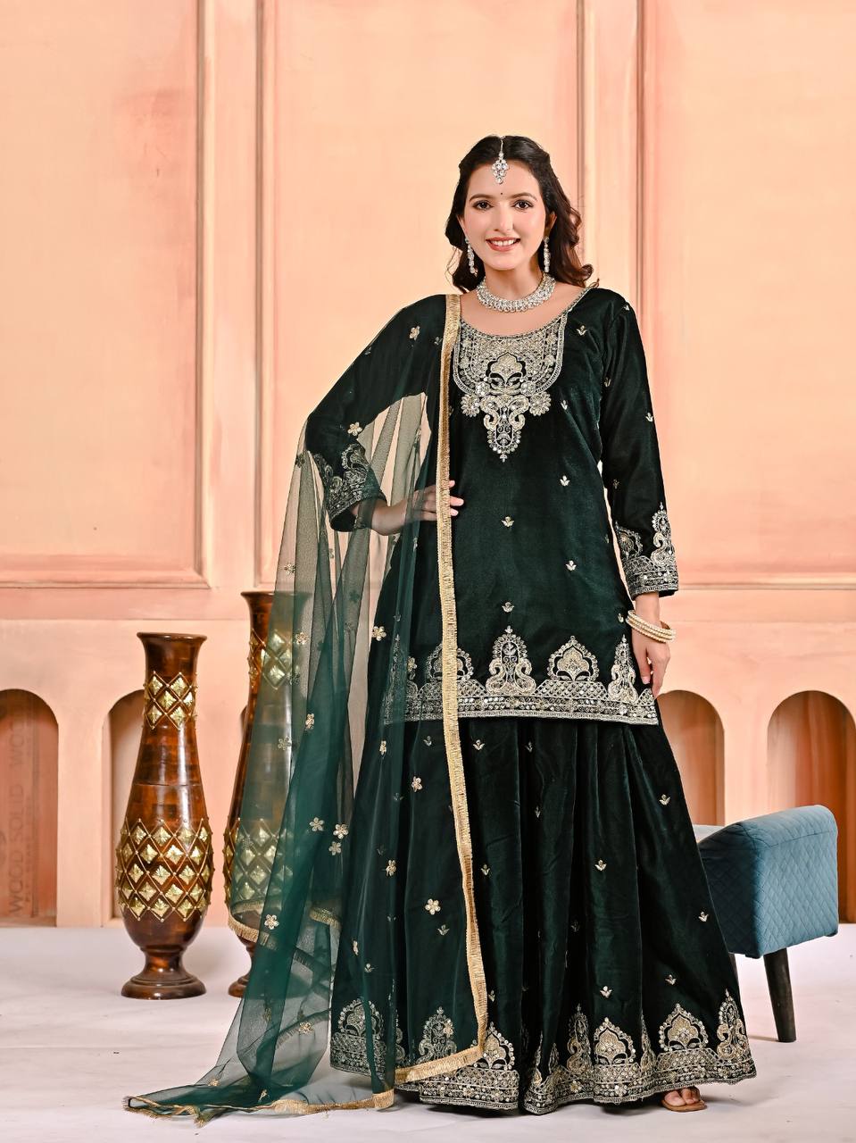 Velvet Green Sharara Set With Heavy Embroidery