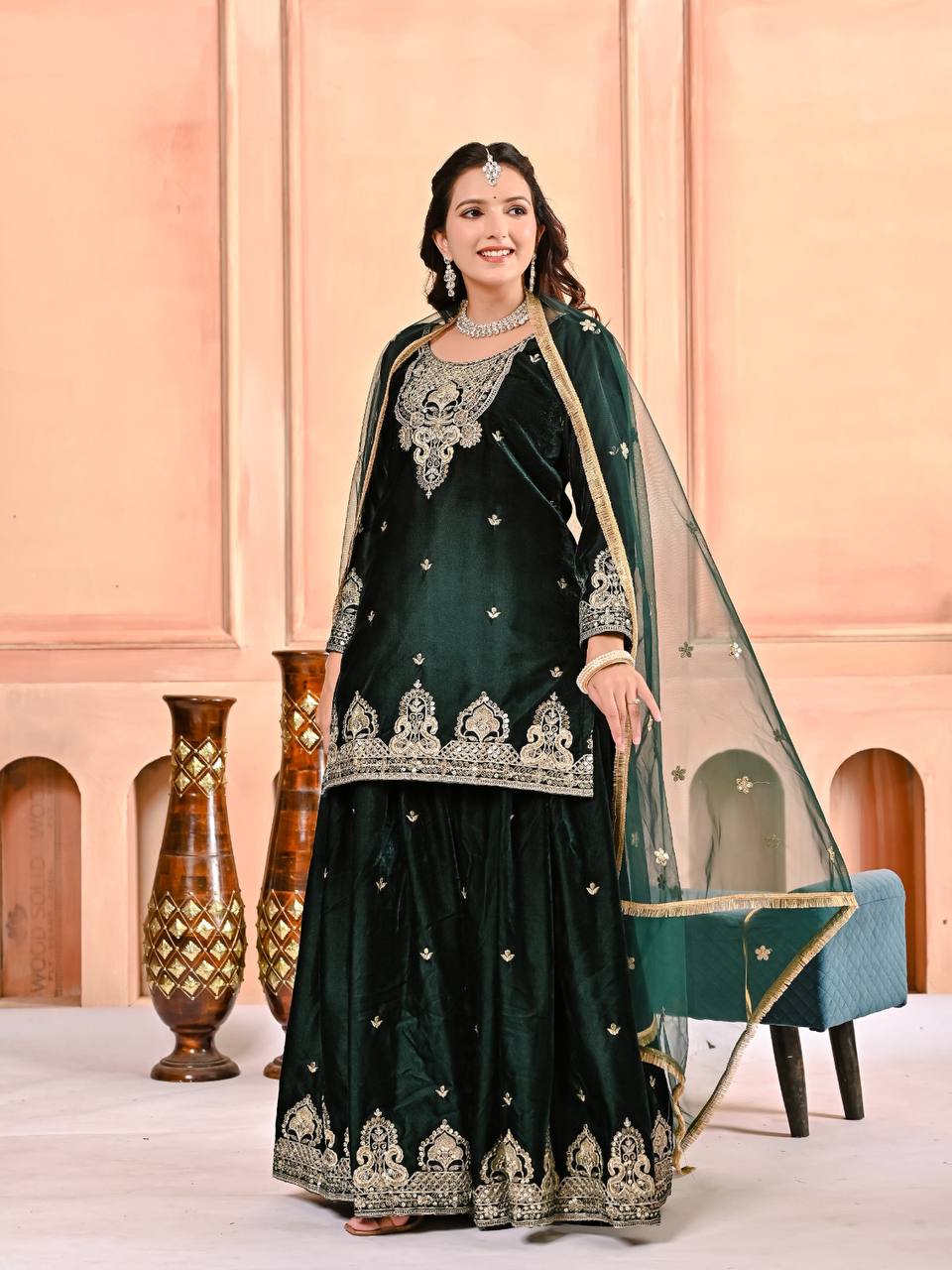 Velvet Green Sharara Set With Heavy Embroidery