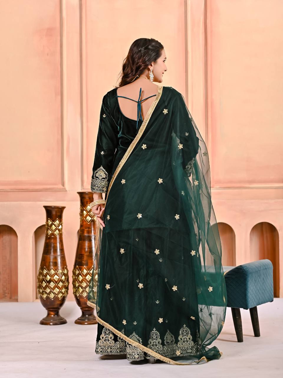 Velvet Green Sharara Set With Heavy Embroidery