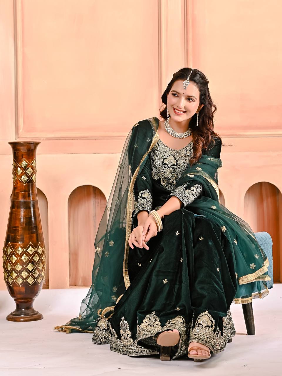 Velvet Green Sharara Set With Heavy Embroidery