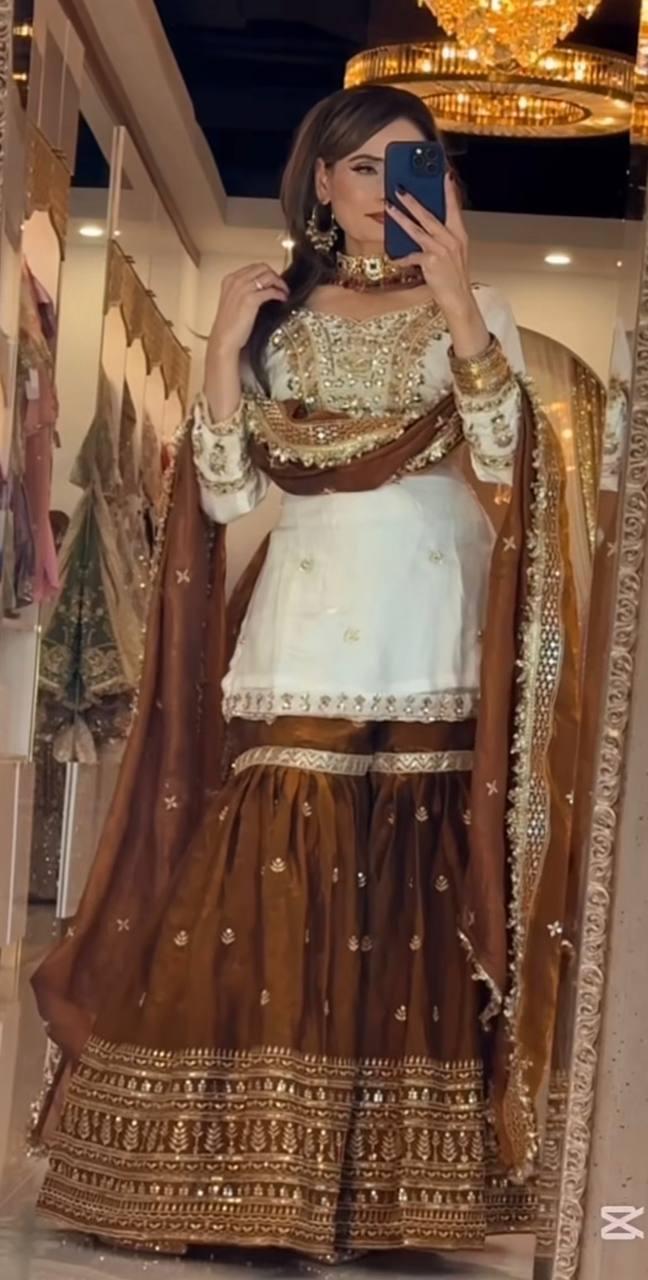 “Majestic Brown Golden Handwork Sharara Suit”