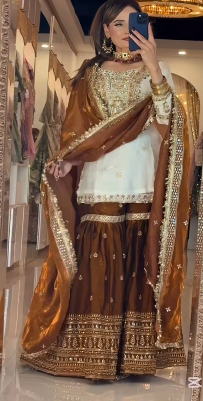 “Majestic Brown Golden Handwork Sharara Suit”