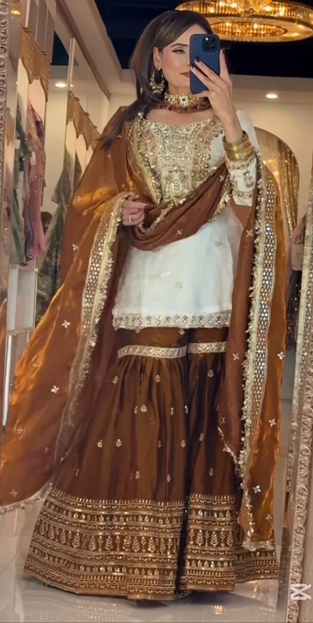 “Majestic Brown Golden Handwork Sharara Suit”