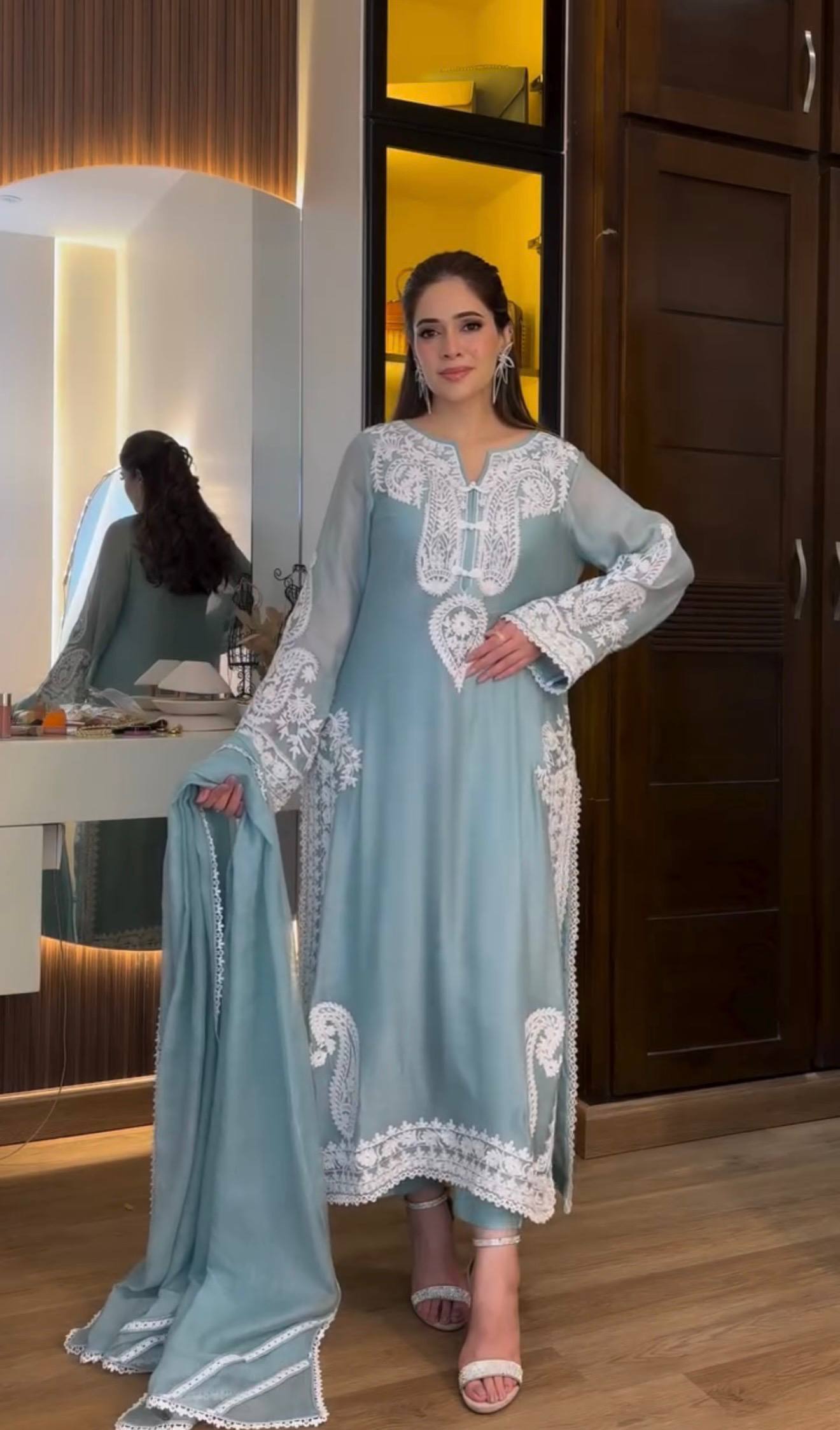 “Premium Soft Blue Embroidered Lawn Suit”