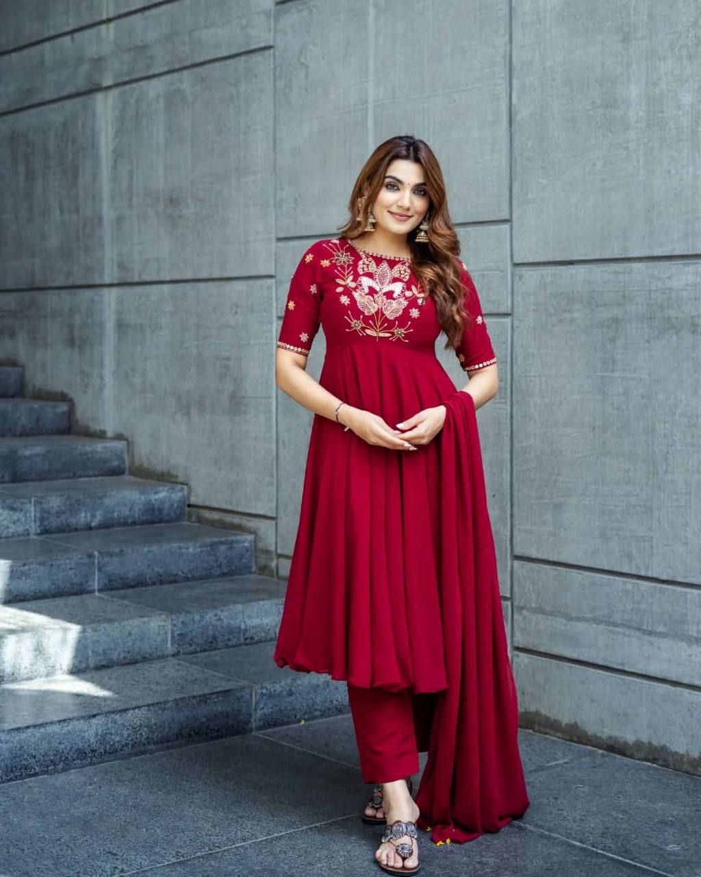 Exquisite Red Embroidered Anarkali Suit for Elegance