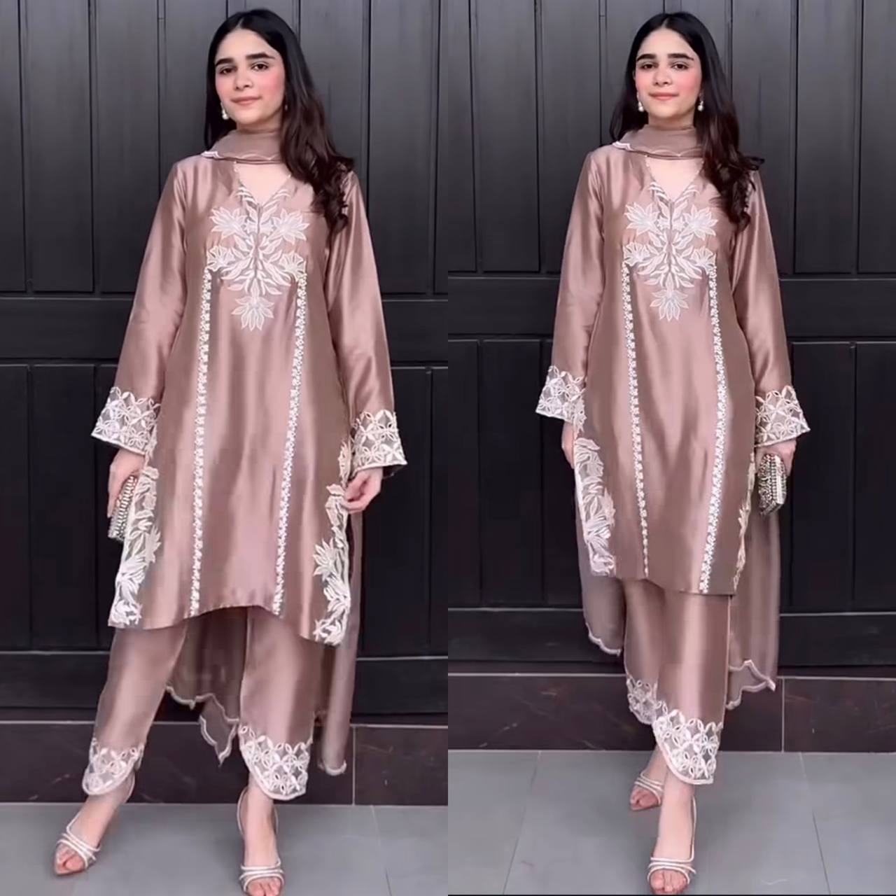 Luxurious Brown Suit Adorned with Intricate Lace