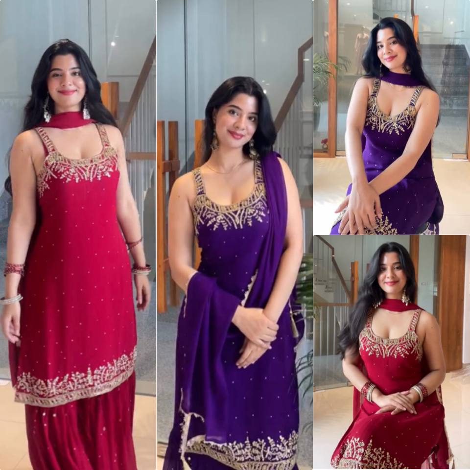 Anusha Patel Elegance in Purple and Red Attire