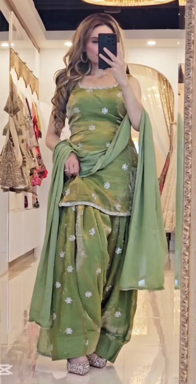 Olive Green, Maroon & Lavender Embroidered Farshi Salwar Suits with Dupatta