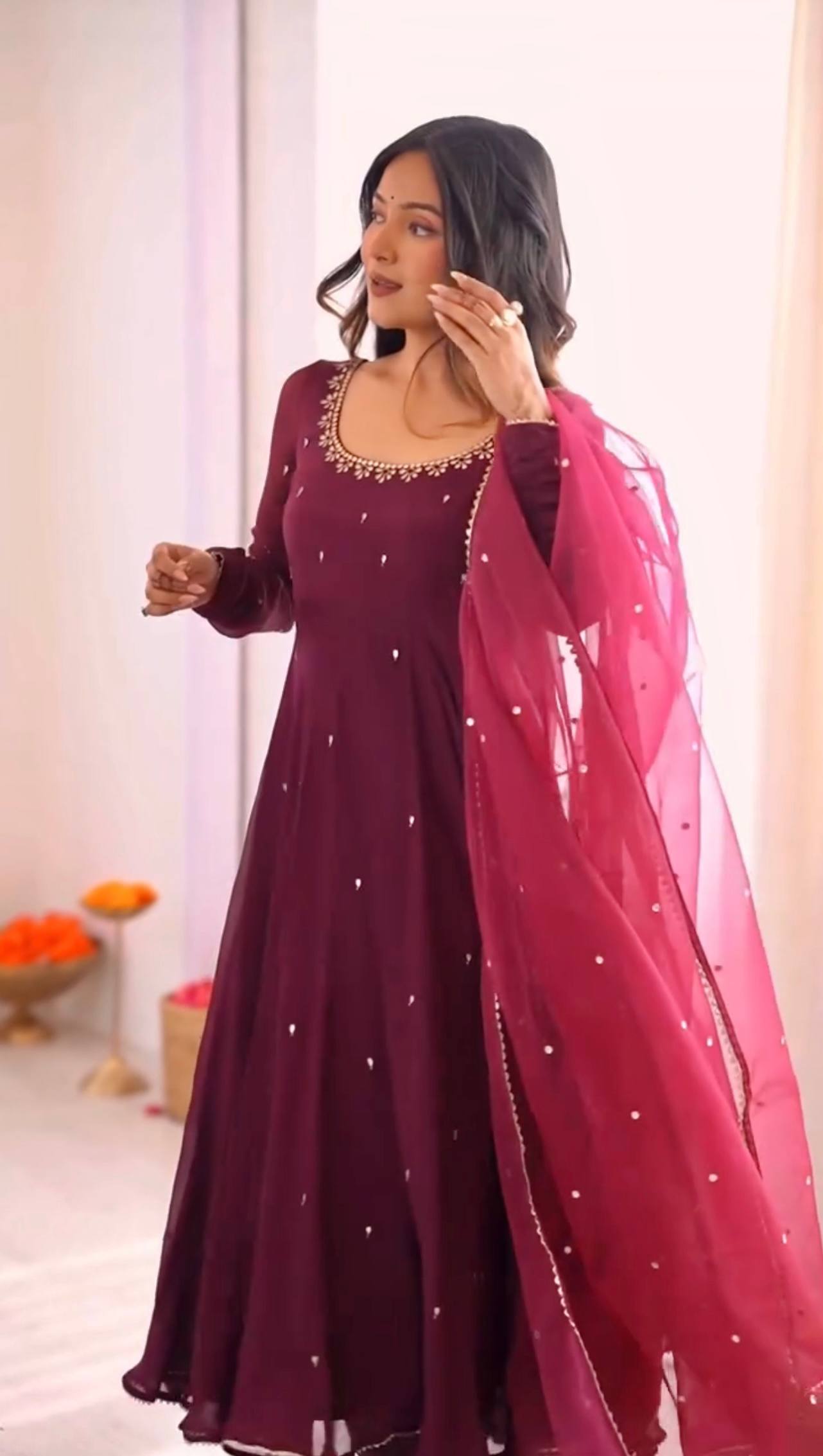 Elegant Maroon Anarka Suit with Matching Dupatta Delight