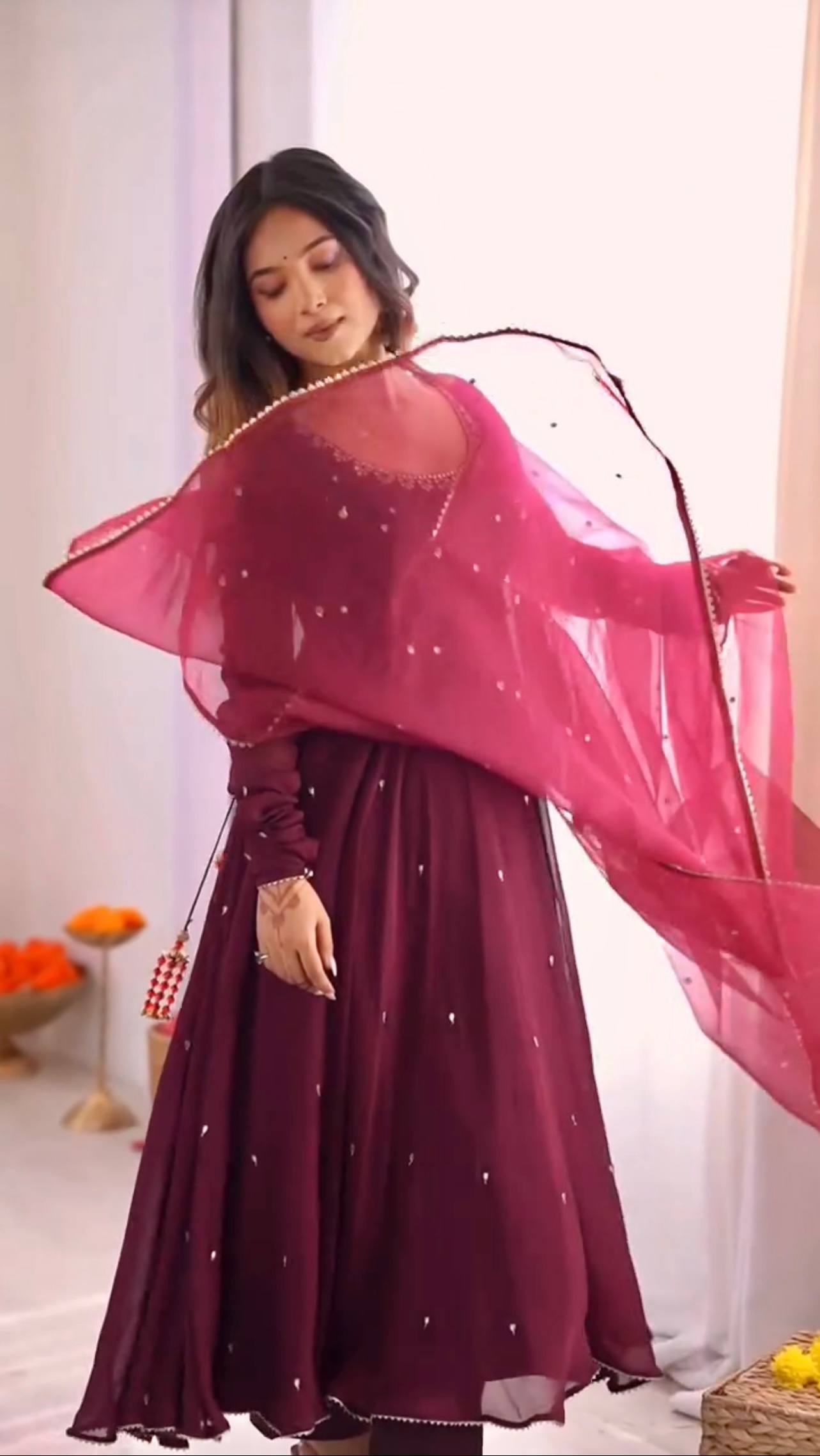 Elegant Maroon Anarka Suit with Matching Dupatta Delight