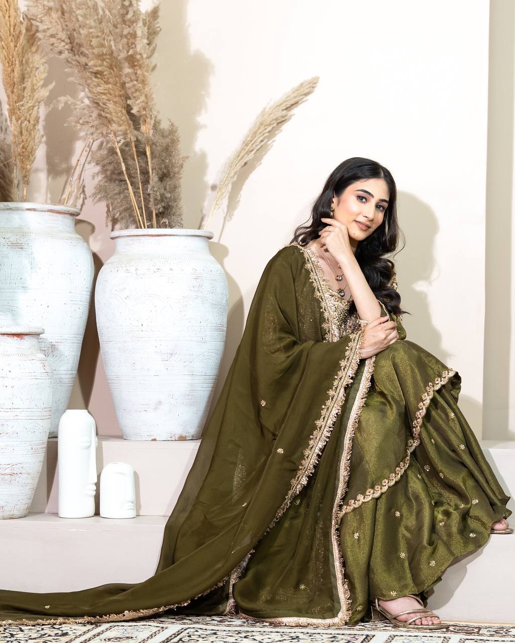 Timeless Grace: Woman in Green Dress Radiates Captivating Charm
